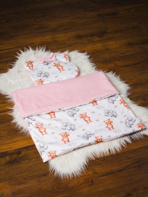 Kołderka i podusia do wózka Misie z balonami róż